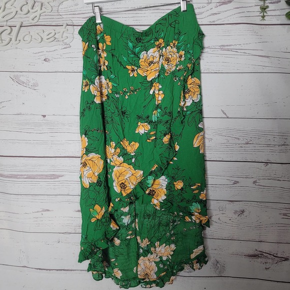 G.I.L.I Green Floral Print High-Low Ruffle Hem Wrap Skirt Womans Size Large - Picture 1 of 6